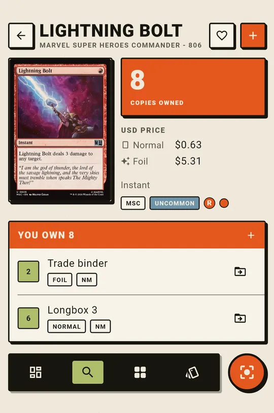 A card page in Mancarta: eight copies of Lightning Bolt, two in the trade binder and six in Longbox 3.